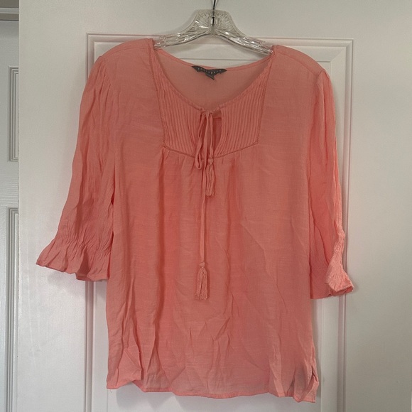 Sharagano Tops - Sharagano Coral Tie-Front Pintuck Peasant Blouse
